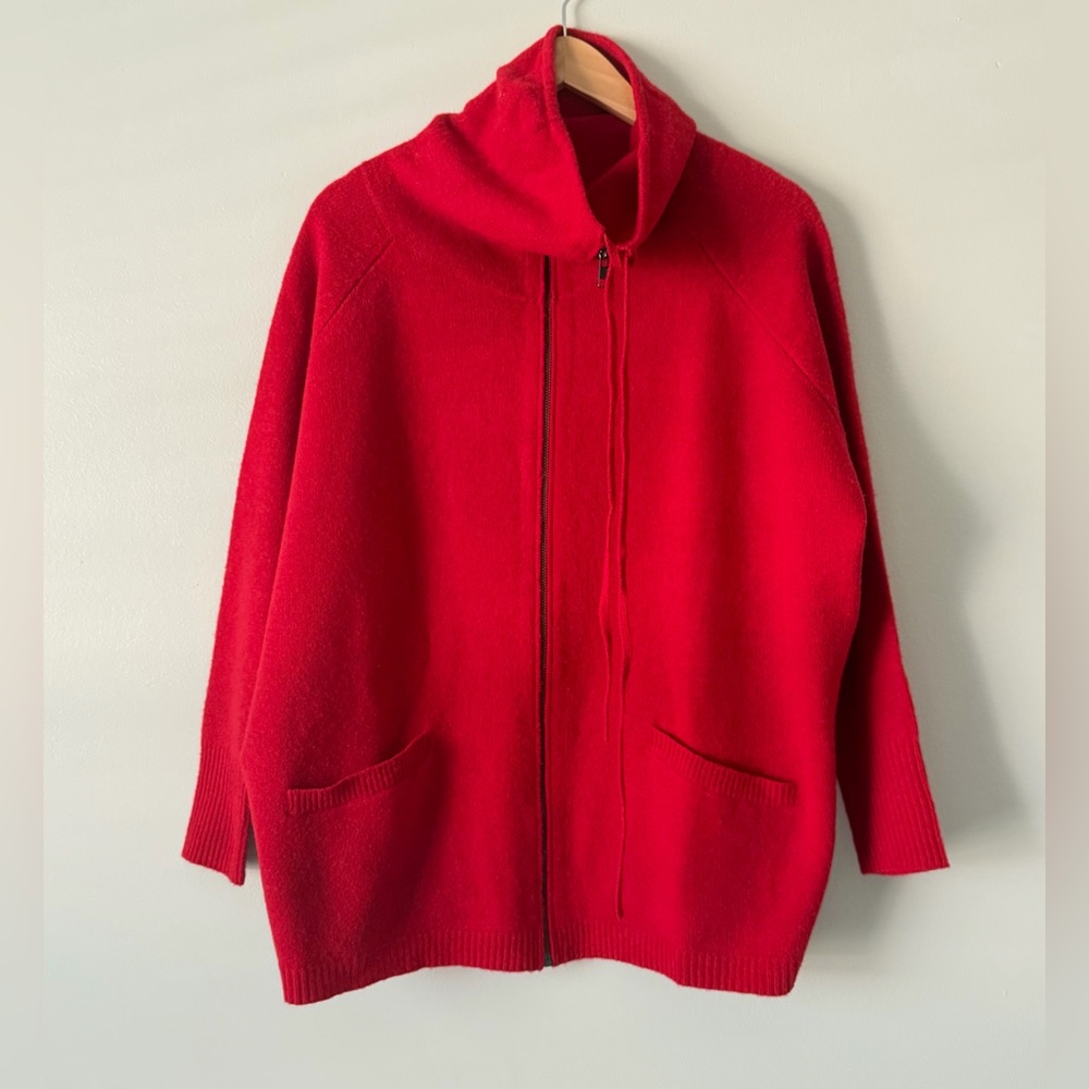 Eileen Fisher Red Zip-Front Geelong Wool Cardigan Sweater Red Sz S Relaxed